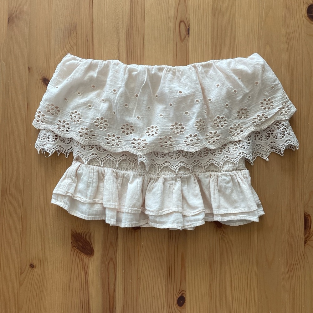 American Eagle Outfitters Cream Eyelet Ruffle Top